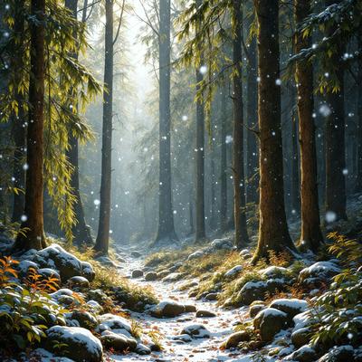 The primary subject of the image is a snowy path surrounded by trees. The setting is a forest with snow-covered trees, creating a serene and peaceful atmosphere. The visual style is a painting, which adds a sense of artistic expression and creativity to the scene. The dominant colors are white, which represents the snow, and green, which represents the trees. The overall mood of the image is calm and tranquil, inviting the viewer to appreciate the beauty of nature during the winter season.